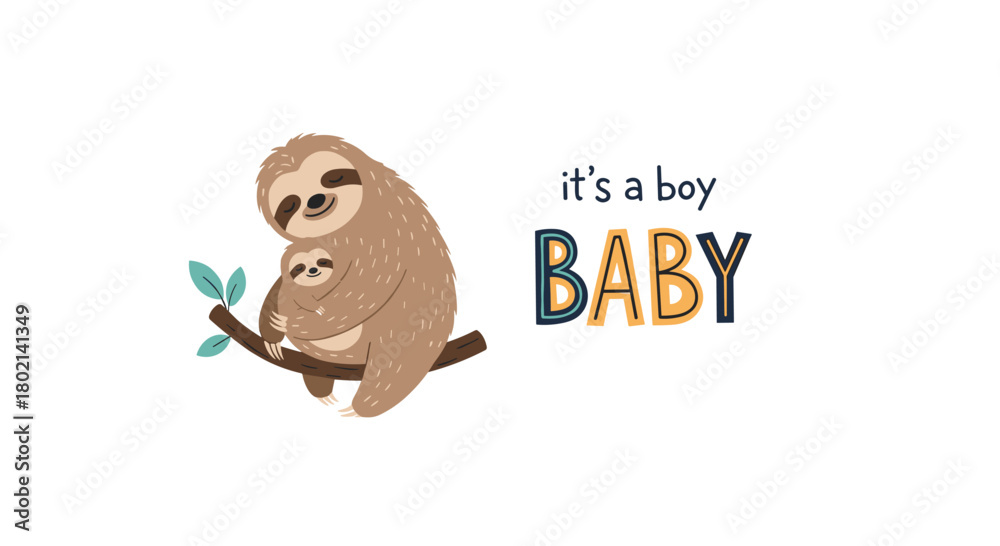 Naklejka premium A heartwarming illustration of a mother and baby sloth clinging to a branch announces the arrival of a new baby boy with a sweet message.