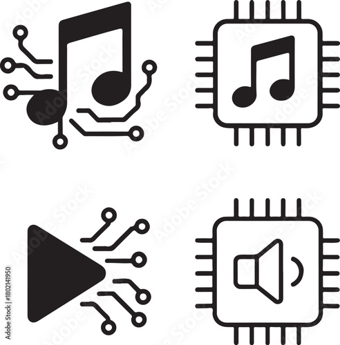 Isolated Music Circuit Icons black vector set, music note icons, audio tech symbols, minimal outline filled thin stroke, digital circuit connections, smart chip design vector