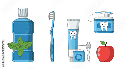 Collection of dental hygiene products and a healthy apple for oral care.