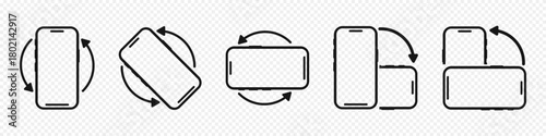 Phone rotation icons with arrows showing different orientation movements. Clean lines illustrate clear steps for switching between vertical and horizontal modes