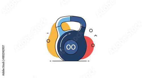 Stylized flat design illustration of a dark blue kettlebell with a light blue handle, on a white background.