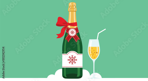 Champagne bottle with red ribbon and snowflake label next to a champagne flute with a straw.