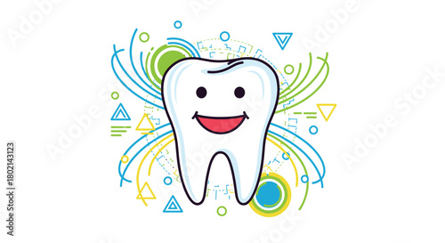 Cute cartoon tooth with a happy smile and colorful abstract dental background.