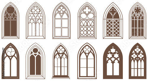 Collection of gothic arched windows with decorative tracery and mullions isolated on transparent background, detailed vector set ideal for medieval architecture visuals, church restoration designs