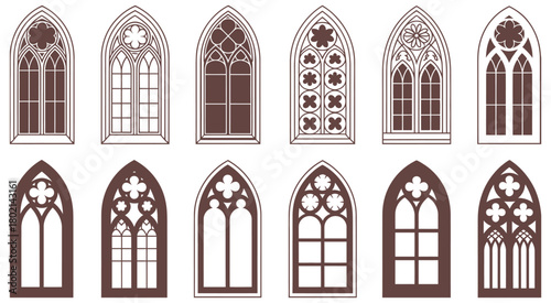 Collection of gothic arched windows with decorative tracery and mullions isolated on transparent background, detailed vector set ideal for medieval architecture visuals, church restoration designs