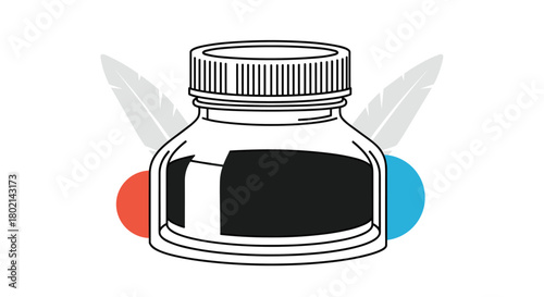 Close up of an ink bottle with a lid, flanked by two feathers and two colored circles.