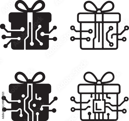 Isolated Gift Circuit Icons black vector set, gift present icons, celebration tech symbols, minimal outline filled thin stroke, digital circuit connections, smart chip design vector