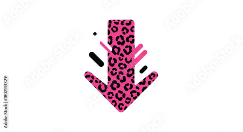 Pink leopard print arrow pointing down with abstract design elements.