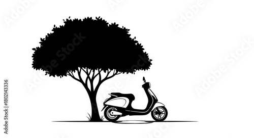 Stylish scooter parked under a vibrant silhouette tree, evoking freedom and modern urban exploration