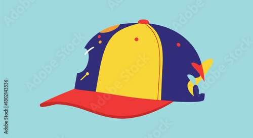 Graphic illustration of a brightly colored baseball cap with abstract shapes and a light blue background.