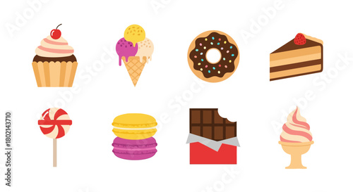 Flat dessert icon set featuring cupcake, ice cream, donut, cake, candy, macaron, chocolate, and sundae