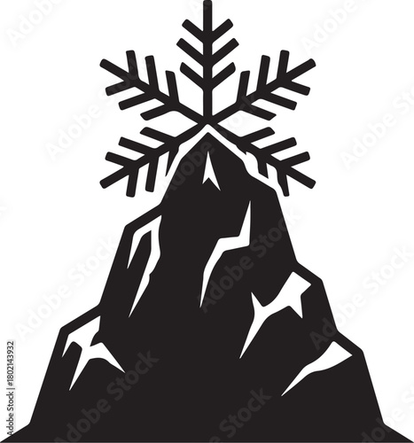 Silhouette of a huge iceberg whose top outline resembles a snowflake structure. All black