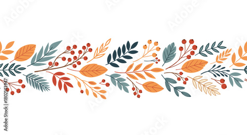 Seamless autumn border of colorful leaves, berries and branches on a white background.