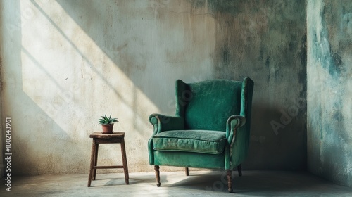 Sunlit Green Chair in Rustic Room.