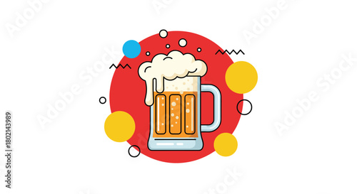 Illustration of a frothy mug of beer with colorful abstract shapes and patterns.