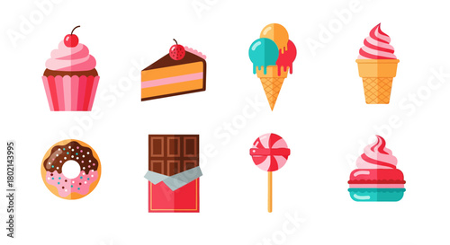Colorful sweet treats collection with ice cream, cupcakes, and chocolate in flat design