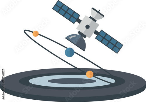 Satellite orbiting planets above a platform, vector illustration.