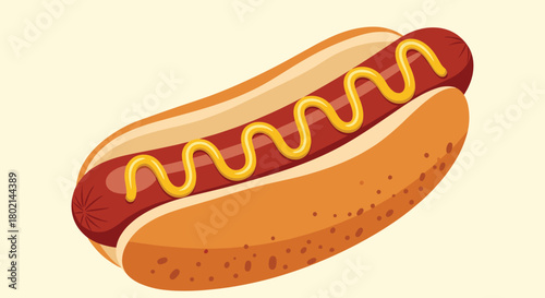 A classic hot dog with mustard in a bun, illustrated against a light yellow background.