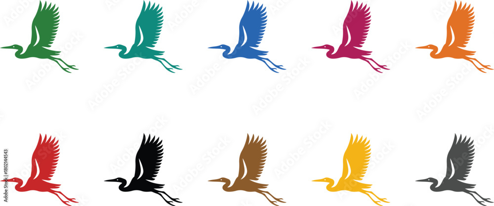 Obraz premium Flying crane silhouettes in various colors, Colorful crane bird icons for design