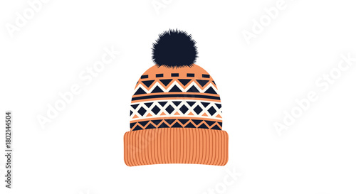 Illustration of a knitted winter hat with a pompom and geometric pattern.