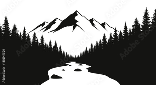 Dramatic mountain range and river landscape, perfect for adventurous travel campaigns or outdoor brand marketing with a modern minimalist feel