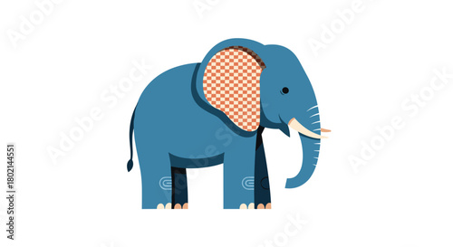 A stylized blue elephant with a checkered inner ear stands on a white background.