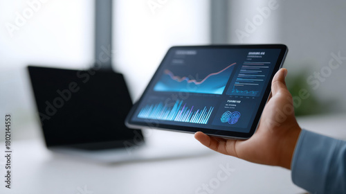 Focused business professional holding digital tablet with screen showing financial data analysis. graph and chart on application indicate growth and finance technology