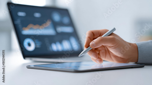 Focused professional using modern technology for business data analysis. Reviewing finance report with chart and graph to plan new corporate strategy