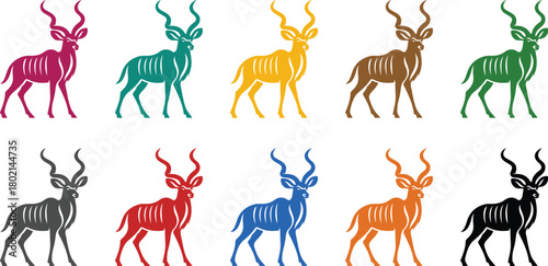 Stylized antelope silhouettes in colorful designs, Colorful antelope animal icons for artwork