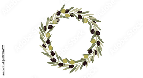 Circle wreath of olive branches with black and green olives and leaves.