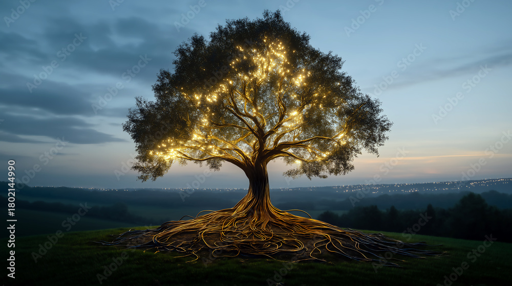 Obraz premium Magnificent illuminated tree on a hilltop in a serene landscape with roots and branches glowing 