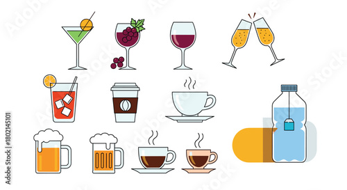 Collection of assorted beverages in different glasses and containers, including cocktails, wine, coffee, tea, and water.