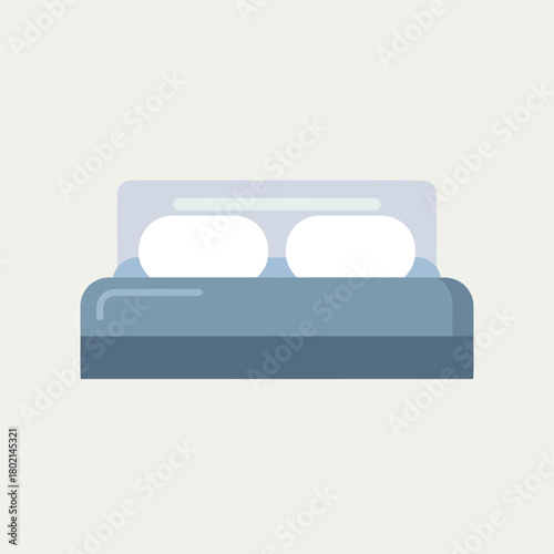 Illustration of a bed with two pillows and a headboard on a light background.