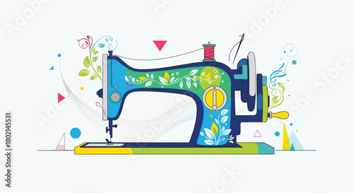 Colorful vintage sewing machine adorned with floral designs and abstract shapes.