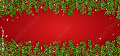 Christmas fir branches border on top and bottom over red background. Winter fir branches with golden sparkles and decoration. Festive vector layout for cards, Christmas posters and invitations