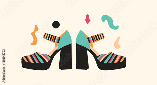 Colorful platform high heels with striped accents and abstract shapes floating around.