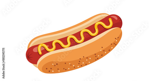 Stylized illustration of a hot dog with mustard in a bun with sesame seeds.