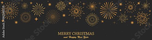 Festive gold fireworks vector forming a Christmas border on dark background. Christmas fireworks and glowing sparkles create a warm, elegant frame for holiday cards and celebration layouts.