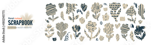 Scrapbook floral cutouts. Set of handmade flower paper shapes with crayon textures. Beige craft papers plant pieces. Vector scrap book cut outs