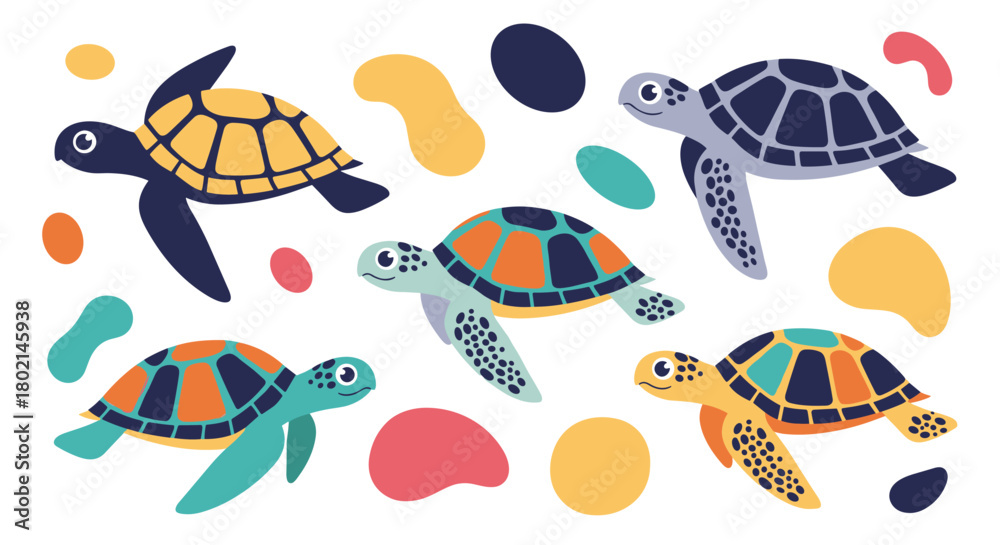 Naklejka premium Cute cartoon sea turtles swimming among colorful organic shapes and dots.