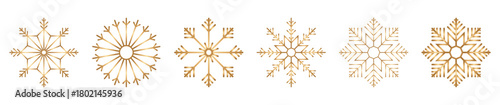 Gold snowflakes vector icons set with winter snowflake symbols in decorative line style. Snowflakes vector elements for Christmas cards, holiday banners and luxury seasonal designs.