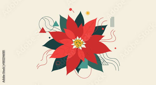 Stylized red poinsettia flower with abstract geometric shapes and lines on a light background.