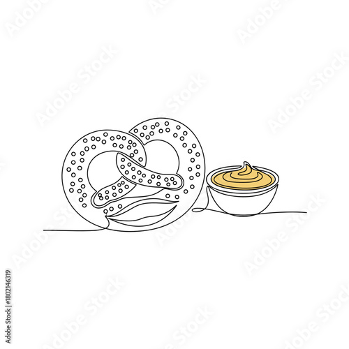 Pretzel with mustard dip in simple line art illustration style  