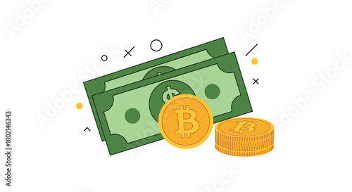 Illustration of dollar bills and bitcoin coins on a white background with abstract shapes.