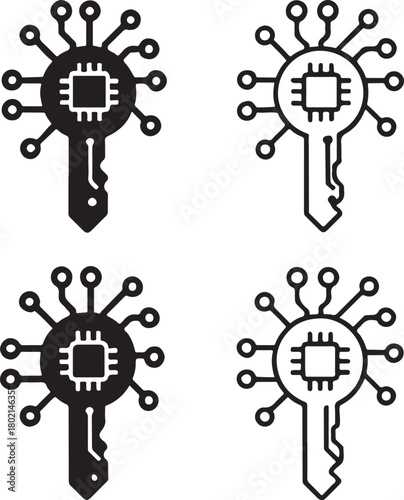 Isolated Key Circuit Icons black vector set, access key icons, security tech symbols, minimal outline filled thin stroke, digital circuit connections, smart chip design vector