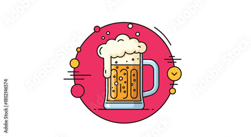 Flat illustration of a frothy mug of beer with bubbles, set against a pink circular background with decorative elements.