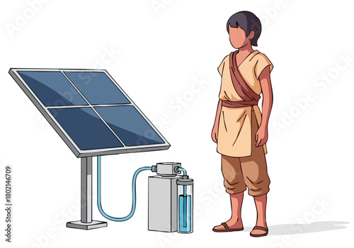 A young boy oversees a solar panel system in a rural village. The illustration showcases sustainable energy and community development. Clean, bright, and optimistic.
