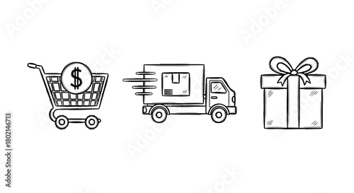 Hand-drawn shopping cart, delivery truck, and gift box icons