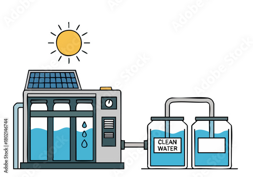 clean modern illustration depicts a solar-powered water purification system providing backup water storage Bright stylized icons showcase a sunny day and clear water