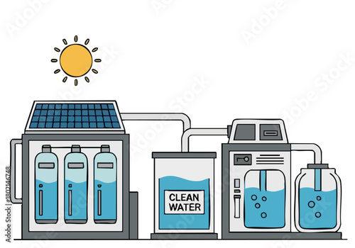 Clean water system illustration. Solar panels, filtration, and backup water tanks. Modern, flat design. Ideal for sustainability and technology concepts.